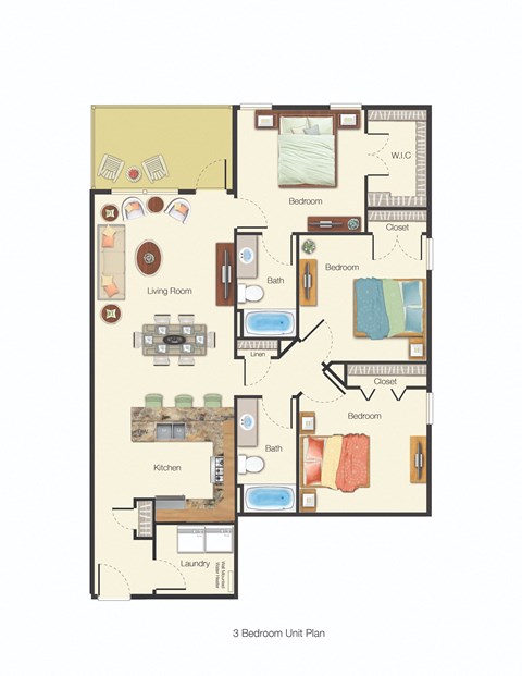 Floor plan for 3 beds, 2 baths, 1257 sqft